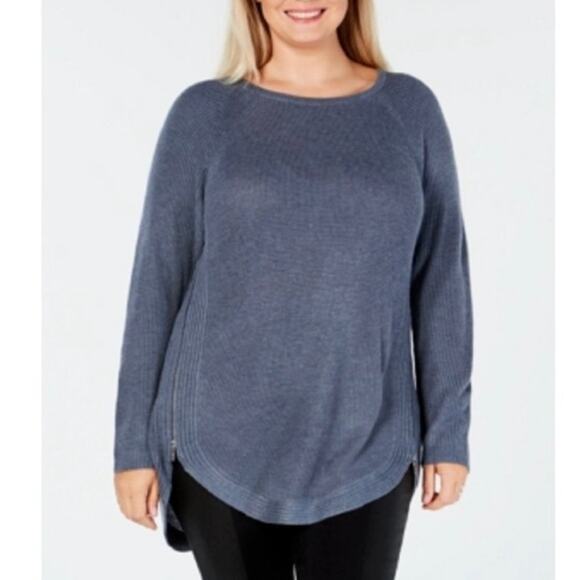 INC International Concepts Blue Waffle-Knit Side-Zipper Tunic‎ Sweater Size 0X - Picture 1 of 9